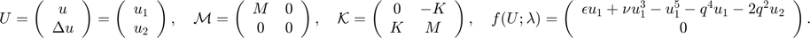 $$U=\left(\begin{array}{c} u \\ \Delta u\end{array}\right)=\left(\begin{array}{c} u_1 \\ u_2\end{array}\right), \quad \mathcal{M}=\left(\begin{array}{cc} M & 0 \\ 0 & 0 \end{array} \right), \quad \mathcal{K}=\left(\begin{array}{cc} 0 & -K \\ K & M \end{array}\right),\quad f(U;\lambda)=\left(\begin{array}{c}\epsilon u_1+\nu u_1^3-u_1^5-q^4 u_1-2 q^2u_2\\ 0\end{array}\right). $$